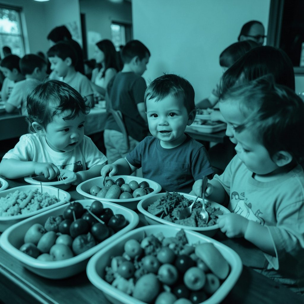 A colorful snack buffet spread for toddlers, with small bowls of fruit and crackers on a bright table, warm and cheerful mood