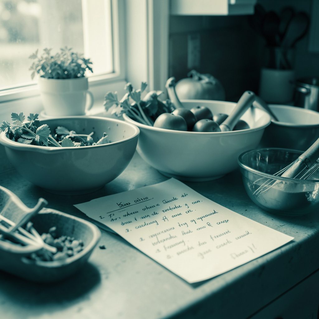 A soft duotone photograph in teal and cream tones of a sunlit kitchen counter with mixing bowls, fresh ingredients, and a handwritten recipe card, evoking the warmth of home cooking.