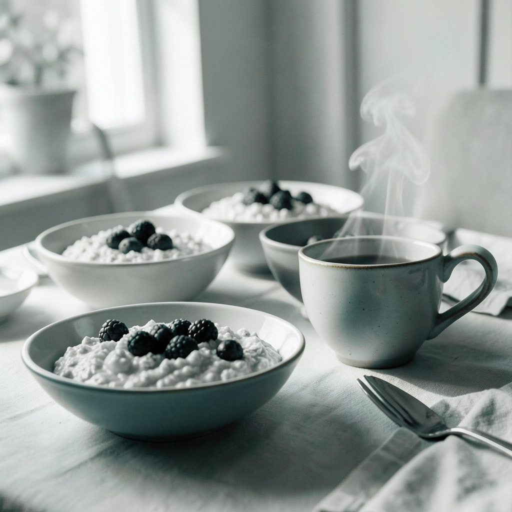 A cozy breakfast table setting with bowls of oatmeal, fresh berries, and a steaming mug, bathed in soft morning light with creamy neutrals.